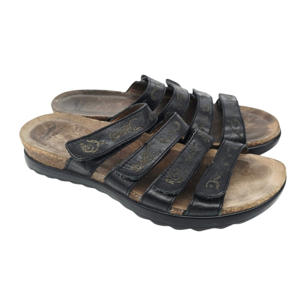 Dansko Paulina Sandals Womens 8 (38) Slide Slip On Casual Leather Black Floral